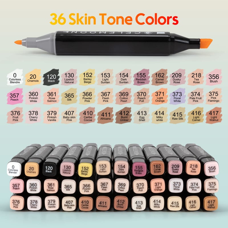 CeleMoon 36 Skin Tone Colors Dual Tip Alcohol Markers Pens, Fine and Broad Chisel, Sketch Art Marker, Permanent for Coloring, Drawing, Portrait Illustration, Mid-tone Skin Tone and Hair Shades - Image 3